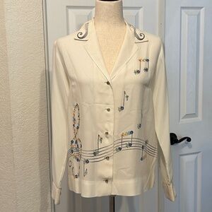 Malbe Original Musical Theme Blouse Rhinestone Buttons Vintage Size 12